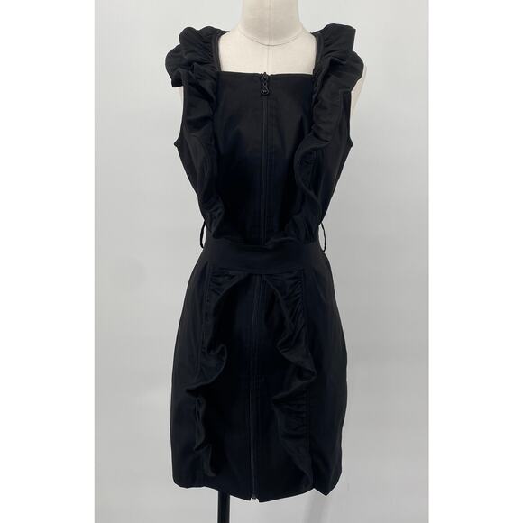Samuel Dong Mini Dress Front Zipper Moldable Ruffled Belted Taffeta Black Small - Picture 4 of 11